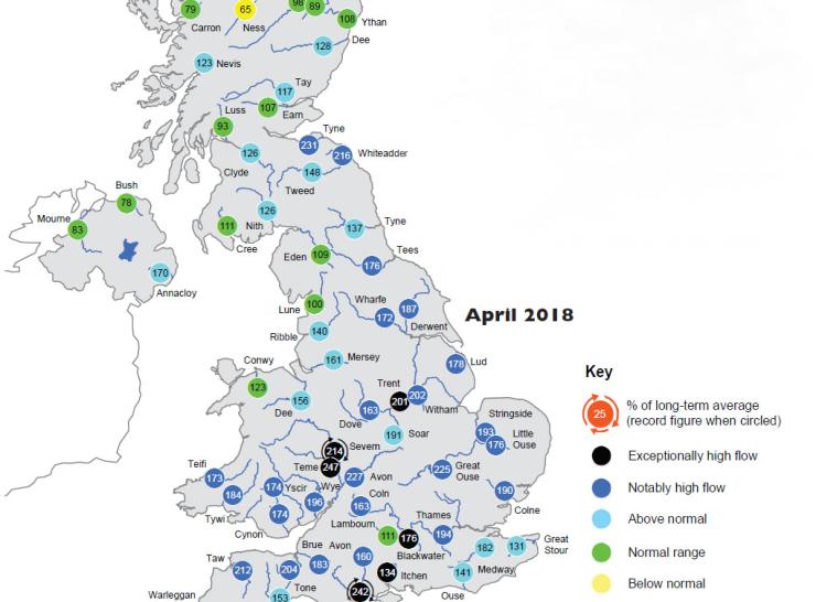 Map showing river flows in UK hydrological summary of April 2018