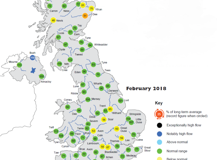 Map of UK showing river flows during February 2018