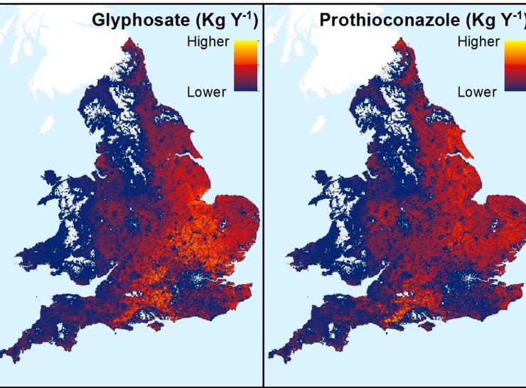 Map showing relative usage quantities of the pesticides glysophate and prothioconazole across the country,