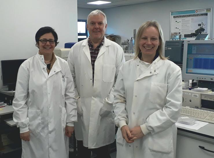 Dr Gloria Dos Santos Pereira, Dr Andy Stott and Helen Grant at the isotope laboratory at CEH Lancaster