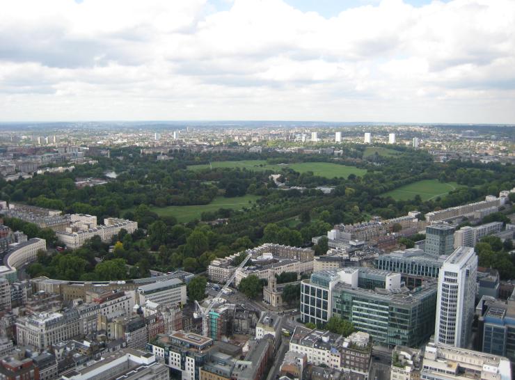 View of Regent's Park NW of BT tower, London